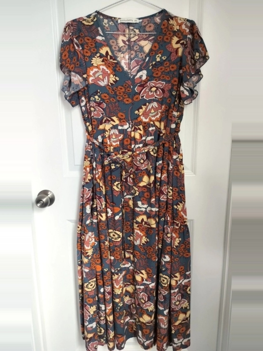 Women's 0XL Boho Floral Maxi Dress Flowy V Neck Flutter Sleeve Plus Size